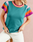 Contrast Sleeve Striped Round Neck Knitted Tee