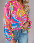 Abstract Ruffled Sleeve Buttoned V Neck Blouse