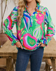 Abstract Ruffled Sleeve Buttoned V Neck Blouse