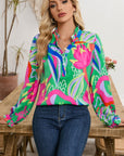 Abstract Ruffled Sleeve Buttoned V Neck Blouse