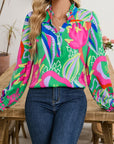 Abstract Ruffled Sleeve Buttoned V Neck Blouse