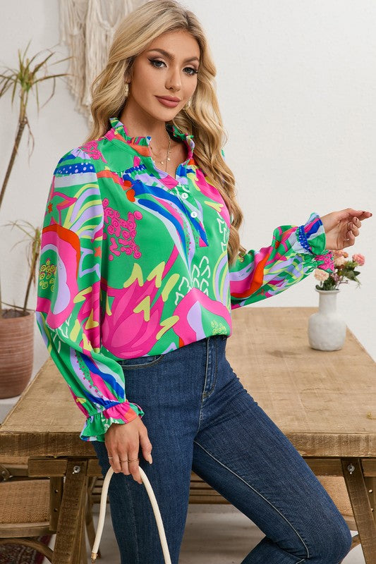 Abstract Ruffled Sleeve Buttoned V Neck Blouse