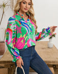 Abstract Ruffled Sleeve Buttoned V Neck Blouse