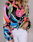 Abstract Ruffled Sleeve Buttoned V Neck Blouse