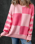 Checkered Color Block Striped High Low Sweater