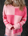 Checkered Color Block Striped High Low Sweater