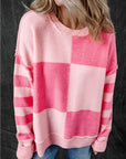 Checkered Color Block Striped High Low Sweater