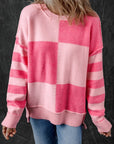 Checkered Color Block Striped High Low Sweater