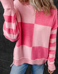 Checkered Color Block Striped High Low Sweater