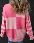 Checkered Color Block Striped High Low Sweater