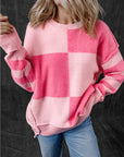 Checkered Color Block Striped High Low Sweater