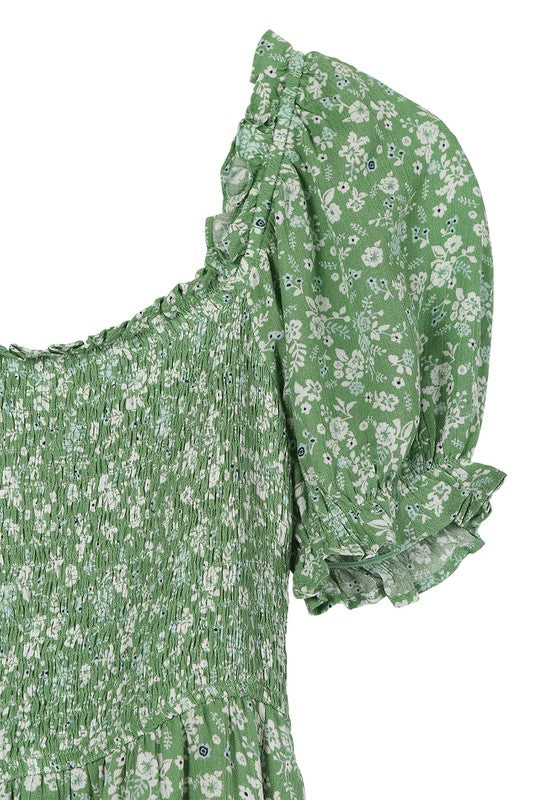 Green Smocked Puff Sleeve Dress - Online Only