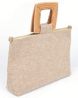 Bamboo Top Handle Linen Convertible Clutch Bag