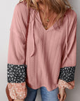 PLUS Patchwork Textured Knit Drawstring V Neck Blouse