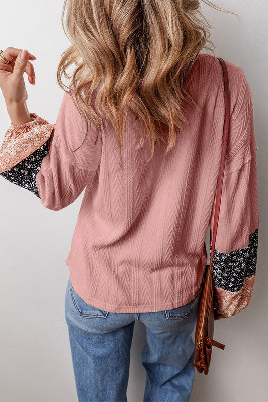 PLUS Patchwork Textured Knit Drawstring V Neck Blouse