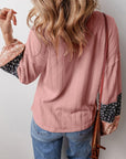 PLUS Patchwork Textured Knit Drawstring V Neck Blouse