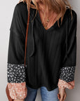 PLUS Patchwork Textured Knit Drawstring V Neck Blouse