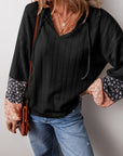 PLUS Patchwork Textured Knit Drawstring V Neck Blouse