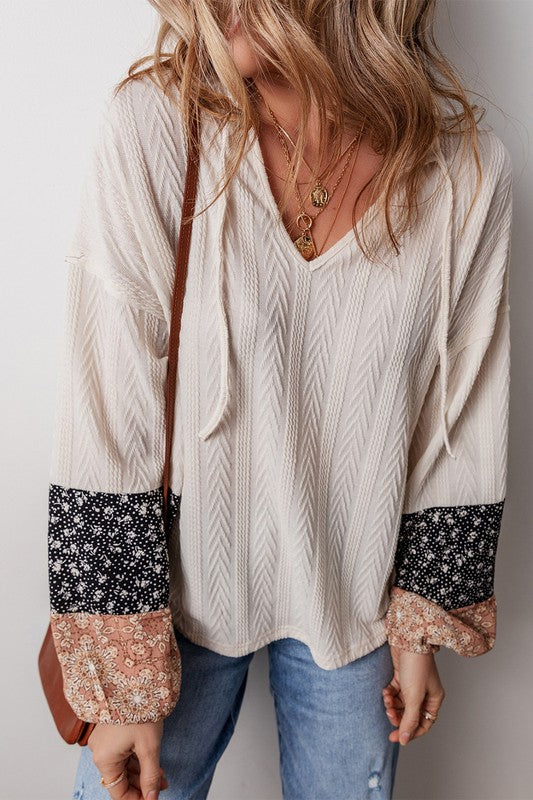 PLUS Patchwork Textured Knit Drawstring V Neck Blouse