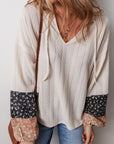 PLUS Patchwork Textured Knit Drawstring V Neck Blouse