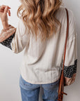 PLUS Patchwork Textured Knit Drawstring V Neck Blouse