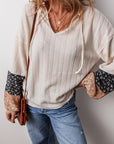 PLUS Patchwork Textured Knit Drawstring V Neck Blouse