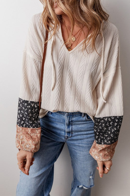 PLUS Patchwork Textured Knit Drawstring V Neck Blouse