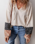 PLUS Patchwork Textured Knit Drawstring V Neck Blouse