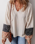 PLUS Patchwork Textured Knit Drawstring V Neck Blouse