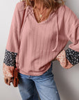 PLUS Patchwork Textured Knit Drawstring V Neck Blouse