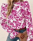 Floral Print Flounce Sleeve Keyhole Back Blouse