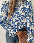 Floral Print Flounce Sleeve Keyhole Back Blouse