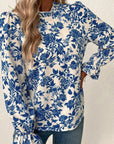 Floral Print Flounce Sleeve Keyhole Back Blouse