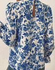 Floral Print Flounce Sleeve Keyhole Back Blouse