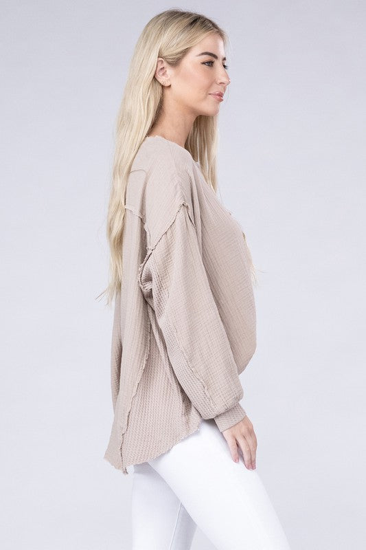 ZENANA Double Gauze Oversized 3/4 Button Henley Neck Top