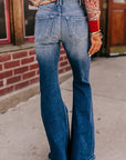 Sky Blue Button Fly Ripped High Waist Flare Jeans