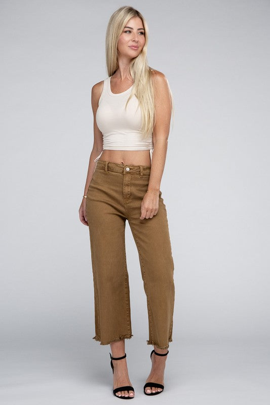 Zenana Acid Washed High Waist Frayed Hem Straight Pants