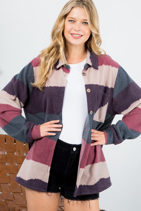 e Luna PLUS Fuzzy Stripe Button Down Shacket