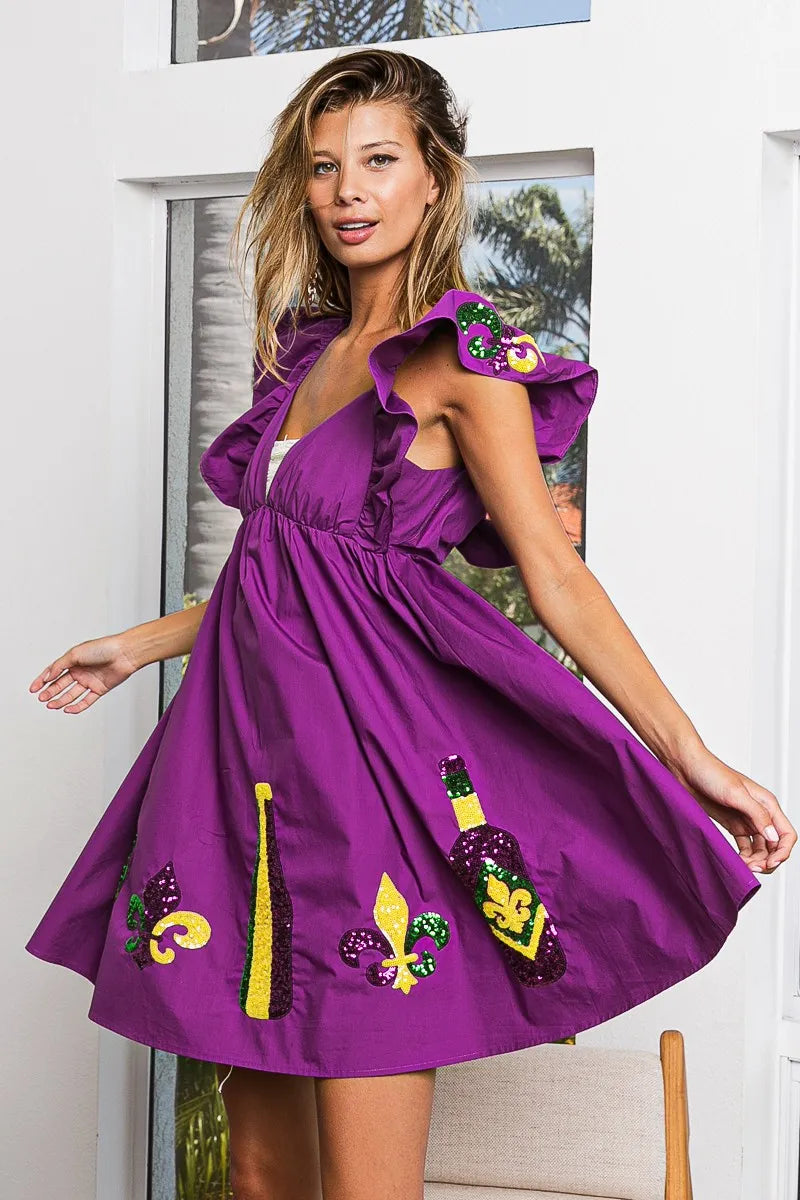 BiBi Mardi Gras Sequin Embroidery Ruffled Dress