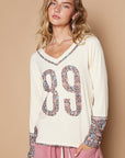 POL V-Neck Long Sleeve Floral Number Patch T-Shirt