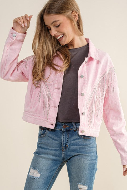 Cropped Denim Jacket with Rhinestone Fringe