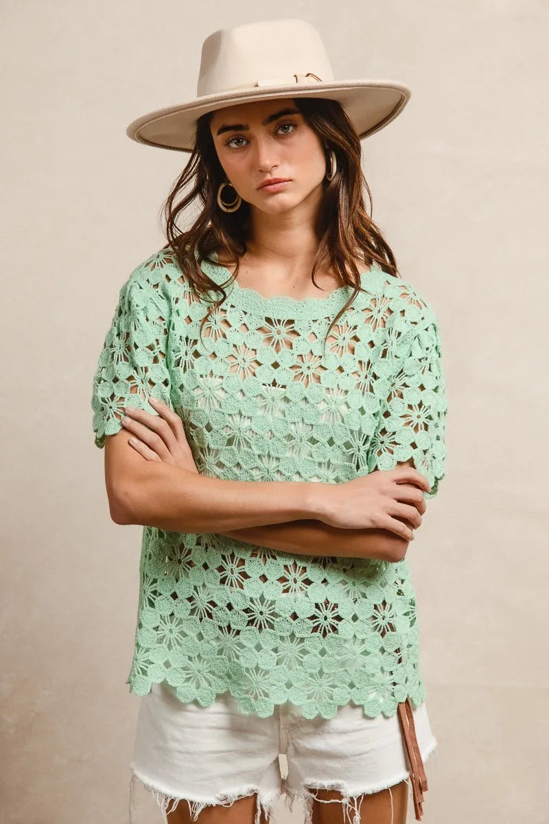 BiBi Openwork Crochet Short Sleeve Knit Top