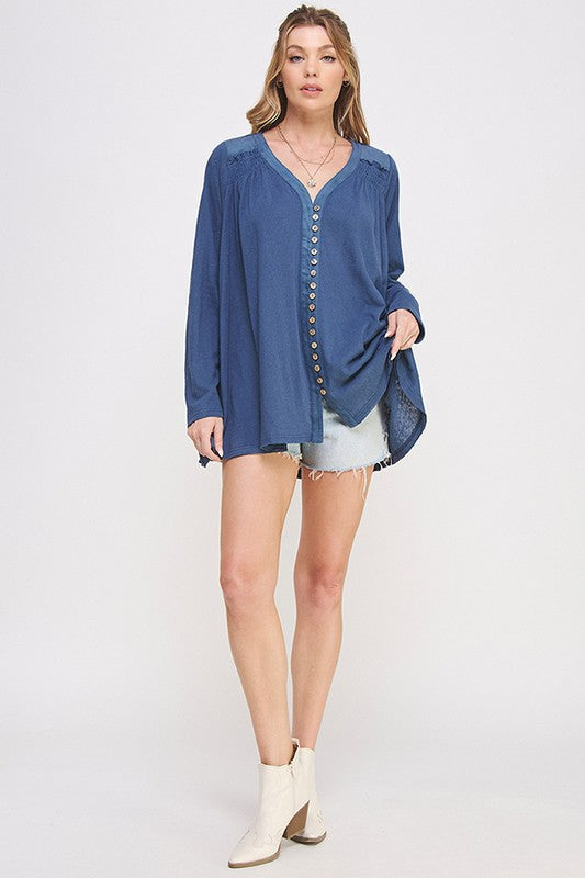 Jade By Jane Long Sleeve V-Neck Oversized Button Down Tunic