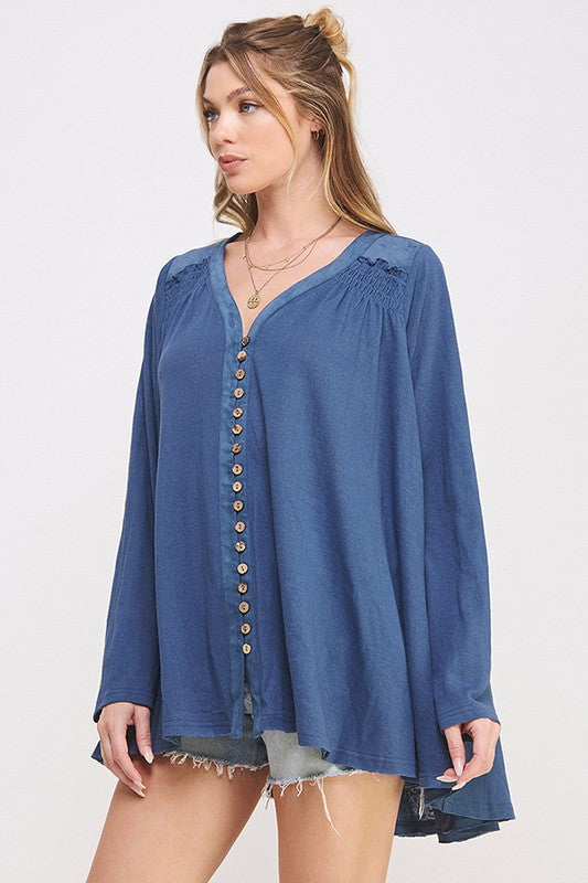 Jade By Jane Long Sleeve V-Neck Oversized Button Down Tunic