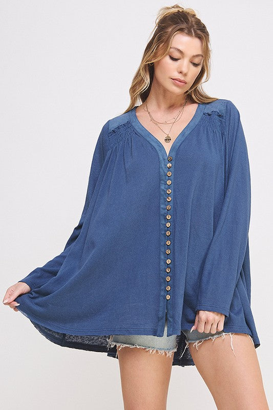 Jade By Jane Long Sleeve V-Neck Oversized Button Down Tunic