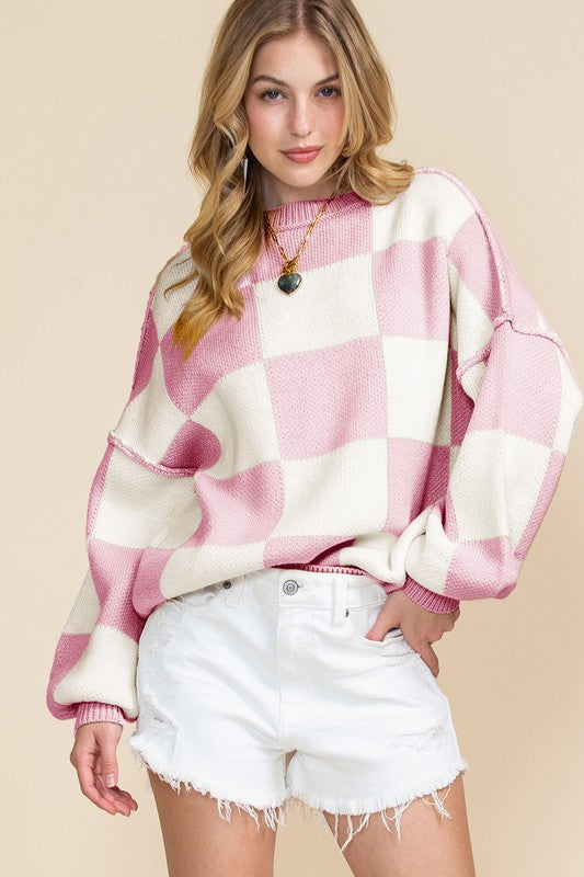 Plaid Exposed Seam Bishop Sleeve Sweater