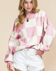 Plaid Exposed Seam Bishop Sleeve Sweater