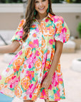 Women Floral Puff Sleeve Buttoned Babydoll Dress