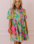 Women Floral Puff Sleeve Buttoned Babydoll Dress