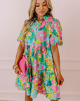 Women Floral Puff Sleeve Buttoned Babydoll Dress